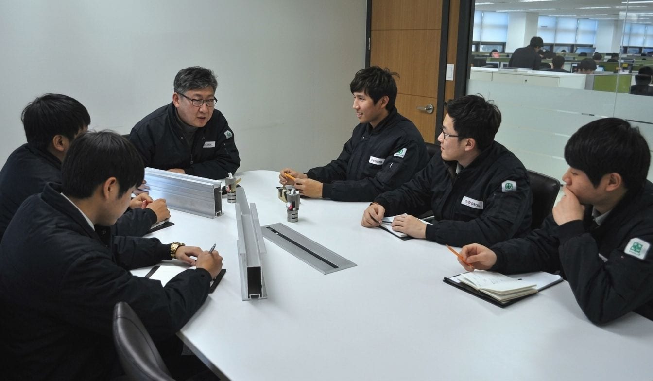 Equipe de engenharia da S-FORM em reunião, analisando amostras de perfis de alumínio sobre a mesa