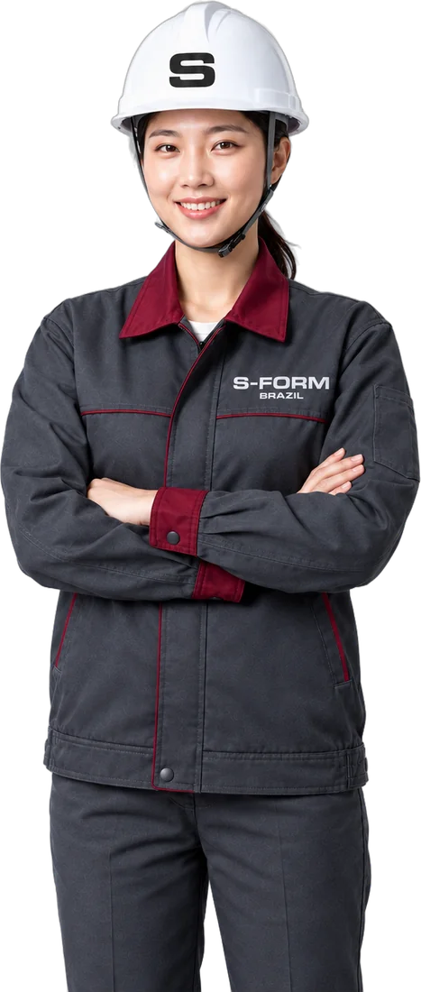 Engenheira S-FORM de braços cruzados, com capacete e uniforme da marca
