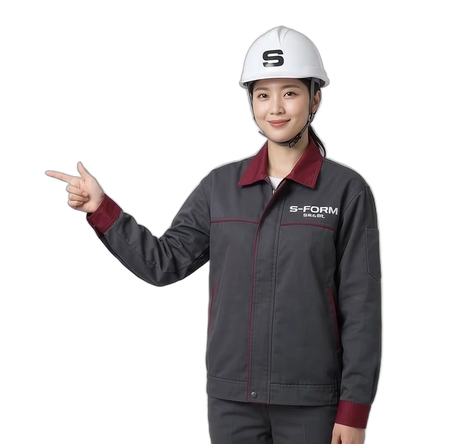 Engenheira da S-FORM de uniforme e capacete com o logo da marca, apontando para os vídeos de obra